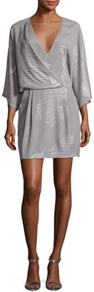 Halston Kimono-Sleeve Faux-Wrap Printed Dress