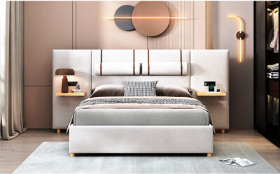 Latitude RunÂ® Queen Size Bed With Built-in Pillows, Beige Velvet Upholstery, & Outlet Ports, Side Shelves Bed, Two Outlets Bedside Storage, Construction, Fashionabl