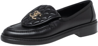 Chanel Black Leather and Quilted Flap Turn Lock CC Loafers Size 38