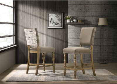 One Allium Way 2 Counter Height Dining Chairs In Driftwood Finish With Alluring Script Pattern And Comfortable Microfiber Chair - Finish, Print Back, Supple