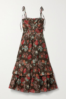 Ulla Johnson Loraine Tiered Pleated Floral-print Cotton And Silk-blend Midi Dress - Brown