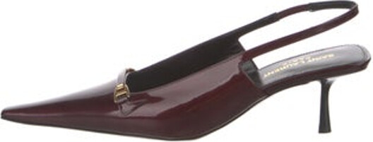 Saint Laurent Patent Leather Slingback Pumps Burgundy Leather Trim Pointed-Toes Buckle Closure at Ankles Designer