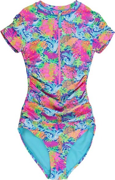RuffleButts RuffleButtsUPF50+Women'sQuarterZipShortSleeveOnePieceRashGuardSwimsuit-NeonOceanCoral,Women'sM