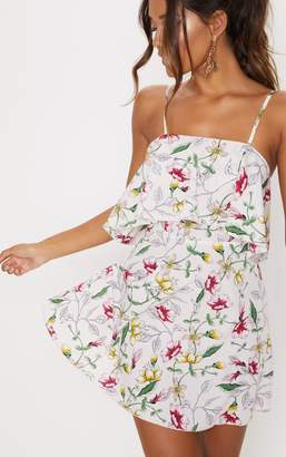 PrettyLittleThing Cream Floral Print Strappy Layered Skater Dress