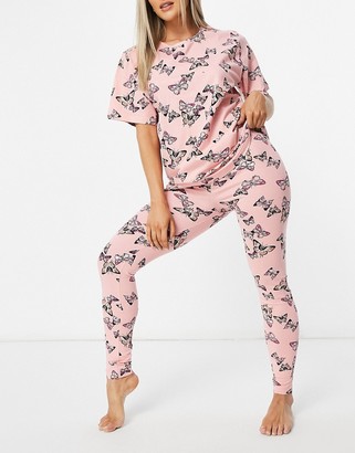 ASOS DESIGN butterfly oversized tee & legging pyjama set in pink