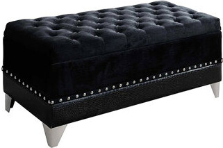 Elegant Black Trunk With Upholstery And Silver Nailhead Trim - Luxury Feel Stylish Mirror Legs Decorative Glamorous Look