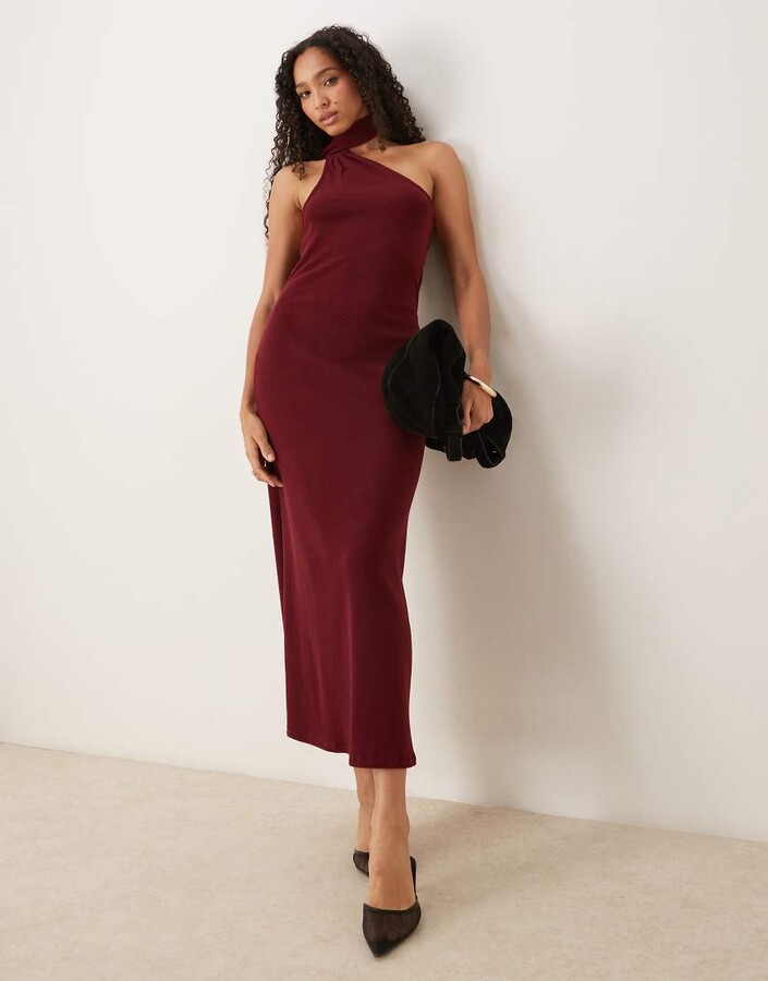 ASOS DESIGN one-shoulder scarf neck midi dress in burgundy