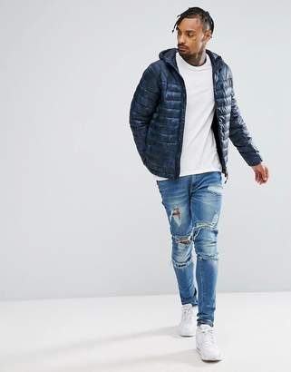 Pull&Bear Quilted Jacket With Hood In Blue Camo