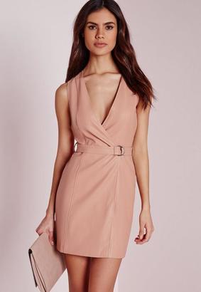 Missguided Exclusive Plunge Wrap Shift Dress Nude