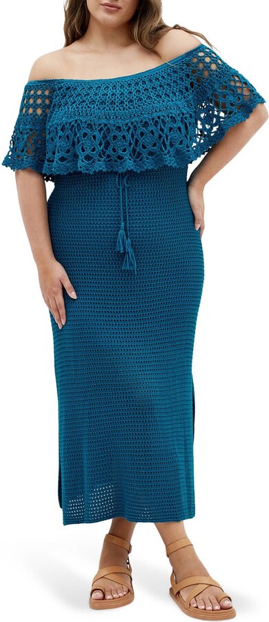 Callie Open Stitch Tie Waist Off the Shoulder Maxi Dress