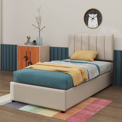 Ebern Designs Twin Bed With Hydraulic Lift Storage And Linen-Upholstered Frame