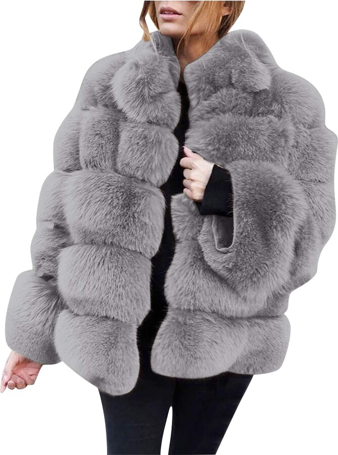 Bukinie Womens Thick Winter Furs Coat, Fluffy Faux Fur Coat Grey And White