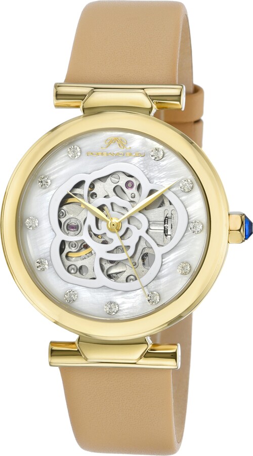 PORSAMO BLEU Laura White Topaz Automatic Leather Strap Watch, 36mm
