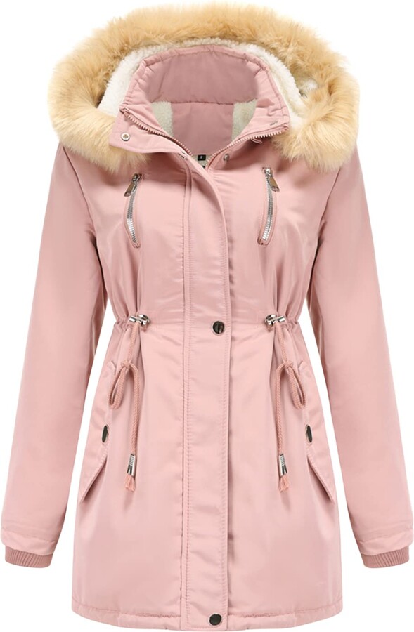 Puimentiua Women's Windproof Warm Coat Parka Jacket Fashion Solid Color Faux Fur Lined Collar Hooded Warm Jacket 