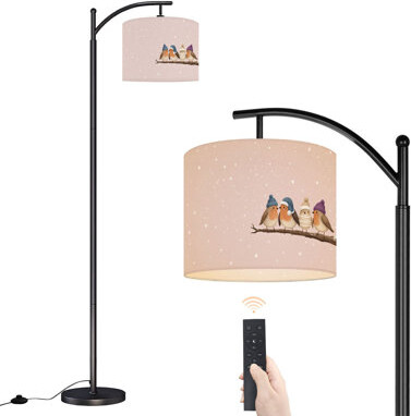Latitude Run Arc Floor Lamp Winter Birds Wearing Cozy Knit Hats Snowy Branch Floor Lamps with Remote LED Lights Adjustable Lamp Shades Tall Standing Lamps for Read