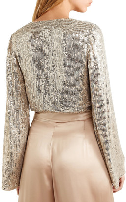 Jenny Packham Satin-trimmed Sequined Silk-chiffon Wrap Top