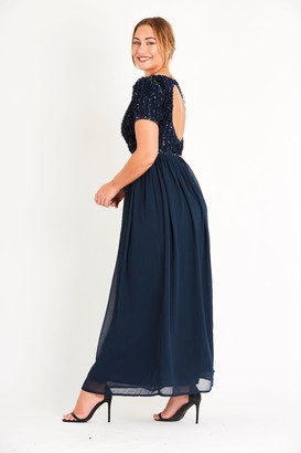 Lace & Beads Ruffle Detailed Short Sleeve Maxi Dress With An Open Back