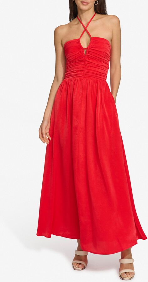 Ruched Halter Satin Maxi Dress