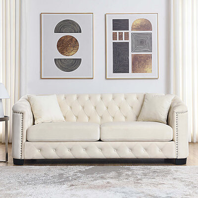 77-Inch Modern Velvet Sofa, 3-Seater Sofa, Upholstered Tufted Backrests with Nailhead Arms and 2 Cushions