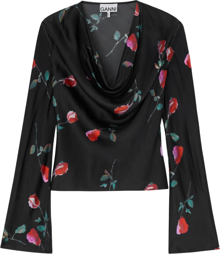 Ganni Floral Cowl-Neck Top