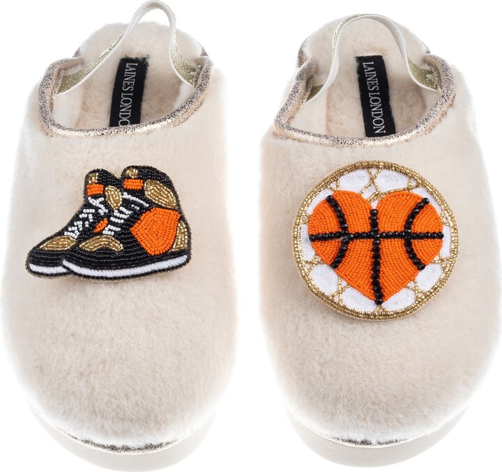 Laines London Gold / Neutrals / White Flatform Cloud Closed Toe Slippers With Basketball Lover Brooches - Cream
