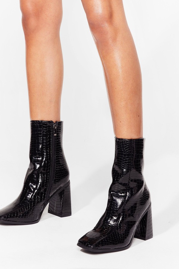 square up patent faux leather boot