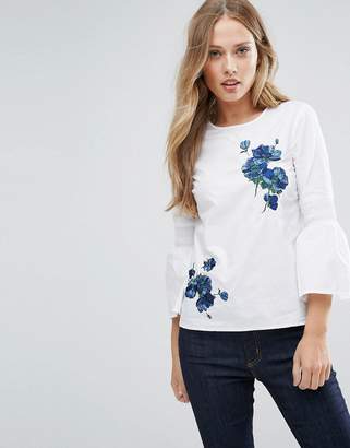 Warehouse Flare Sleeve Floral Embroidered Top