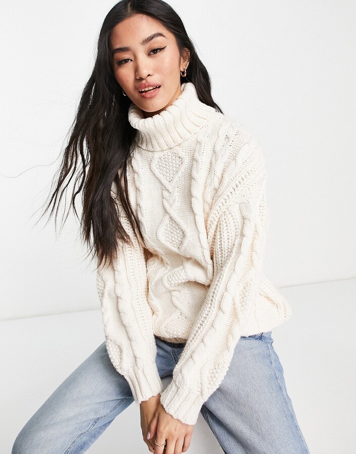 Monki high neck cable knit jumper in off white - ShopStyle