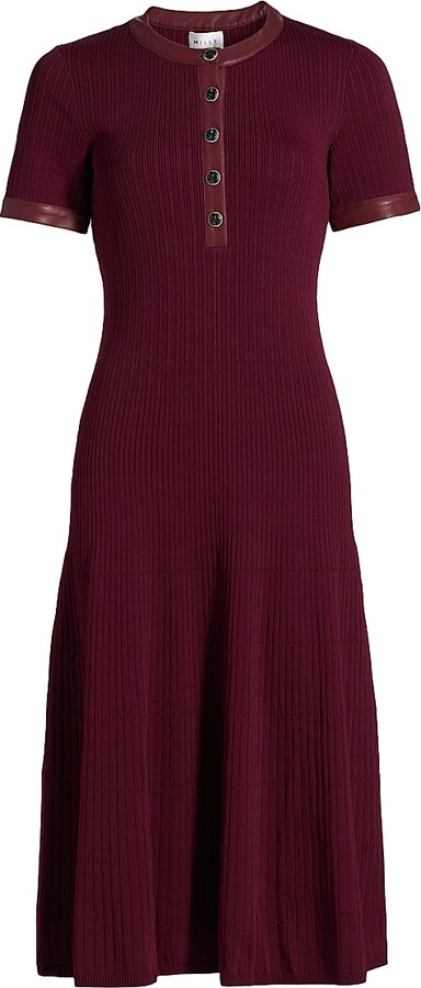 Women's Faux Leather-Trimmed Henley Midi-Dress - Burgundy - Size XS