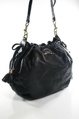 Luella Black Leather Gold Accent Large Drawstring Shoulder Handbag