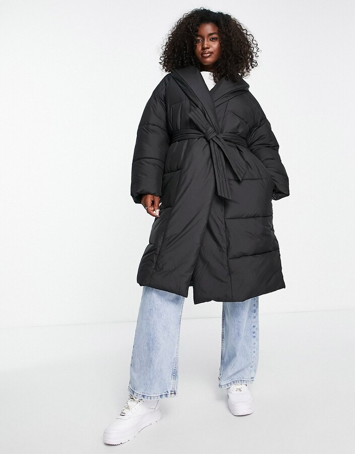 Urban Bliss belted wrap puffer coat in black - ShopStyle