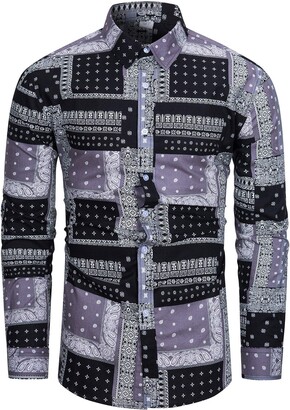 TUNEVUSE Mens Paisley Dress Shirt Floral Print Long Sleeve Button Down 70s Pattern Shirt 