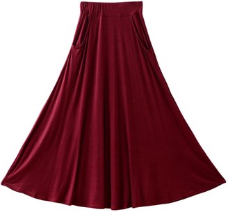 Chouyatou Women's Elastic Waist Rayon A-Line Long Skirt Seam Pockets