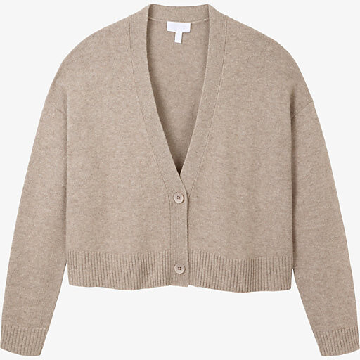 The White Company Womens Mink Marl V-Neck Cropped Wool-Blend Cardigan M