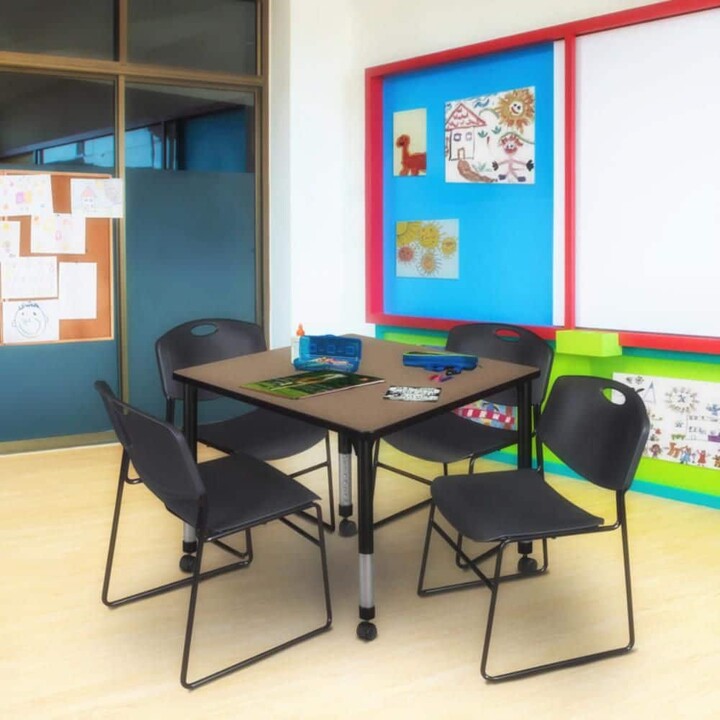 Regency Kee 42 in. Square Noble Oak Height Adjustable Mobile Classroom Activity Table Desk with Black Base