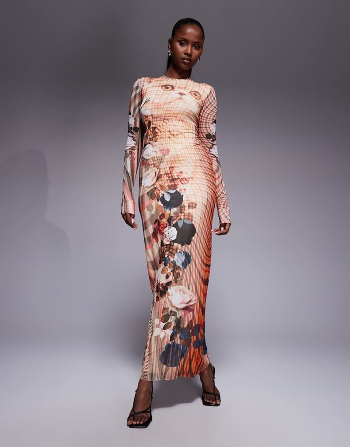 AFRM crewneck long sleeved maxi dress in kitten plaid print