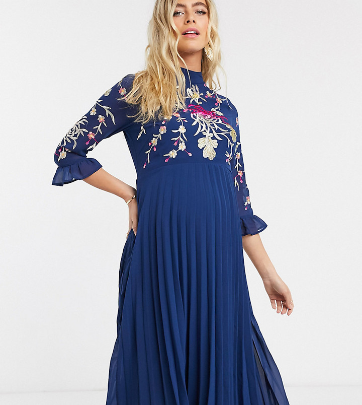 asos design pleated midi dress with fluted long sleeve in floral print