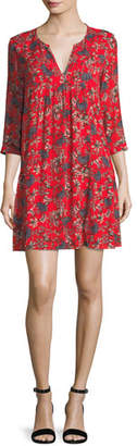 BA&SH Ever Floral-Print Split-Neck Shift Mini Dress