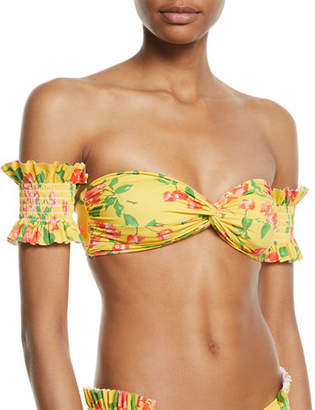 Caroline Constas Adros Shirred Floral Bandeau Bikini Top