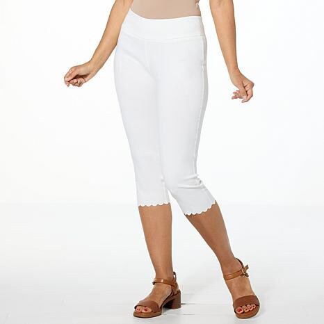 Nina Leonard Pull-on Crop Pant with Scalloped Detail - Ivory/Off White - Size Large