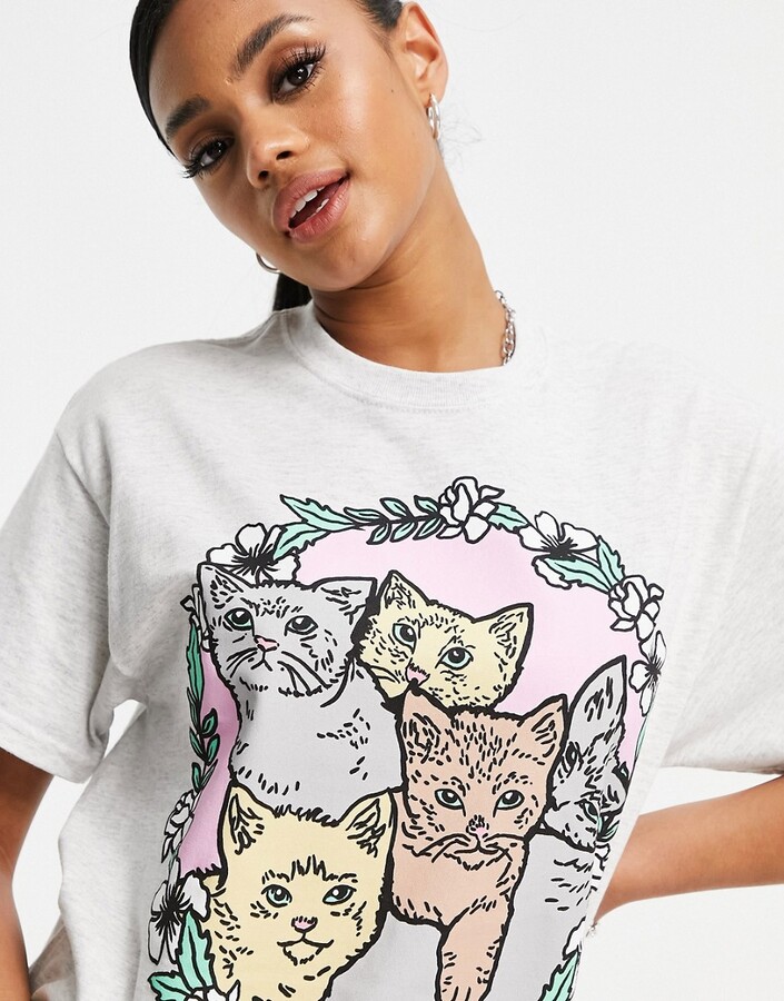 New Love Club oversized T-shirt with cute kittens in gray - ShopStyle