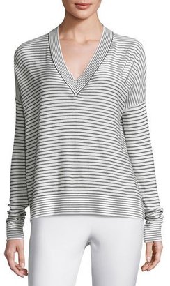 ATM Anthony Thomas Melillo Eased Striped V-Neck Pullover Sweater, White/Black
