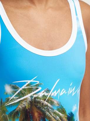 Balmain Logo And Palm Tree-print Swimsuit - Womens - Blue Multi