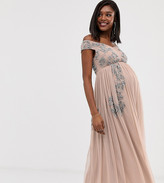 Thumbnail for your product : Maya Maternity square neck bardot floral embellished midaxi dress in pink