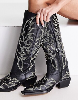 verder elke dag probleem Topshop Texas premium leather stitched knee high western boot in black -  ShopStyle