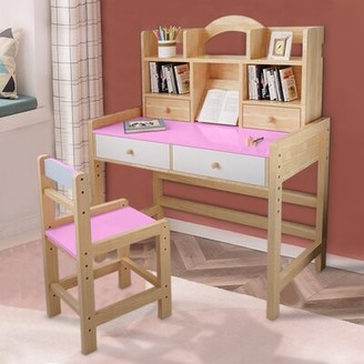 Wooden Student Desk And Chair Set Adjustable Height With Drawers And Bookshelves 