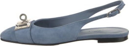 Hermes Innocente Slingback Flats Blue Suede Semi-Pointed Toes Designer