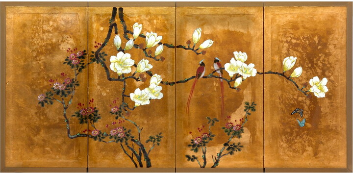 Red Lantern Oriental Furniture Love Birds on traditional gold leaf, wall décor, wall art, 72"W x 36"H