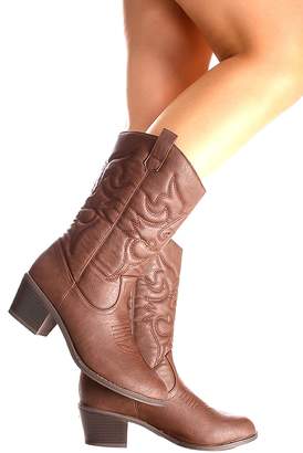 Couture Lolli Ositos Faux Leather Material Stitched Design Casual Knee High Cowboy Boots 55 Brown