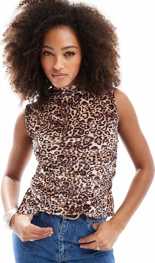 ASOS DESIGN velvet leopard print ruched side tank in brown